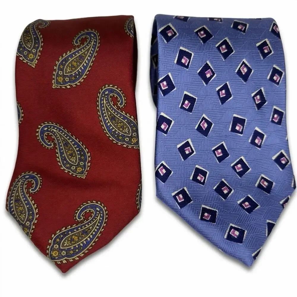 2 Silk Ties Vintage Ralph Lauren Chaps Polo Blue Geometric Red Paisley Handmade